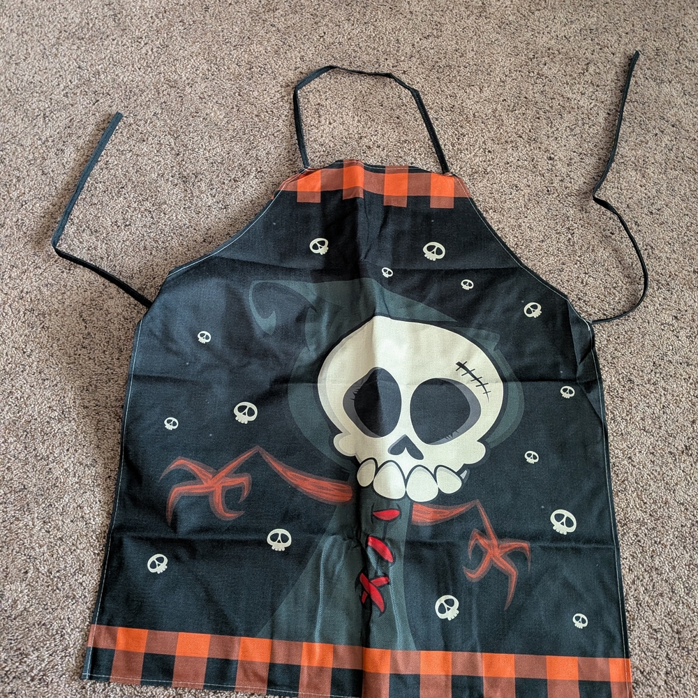 Source Unknown Black and Orange Skeleton Apron New